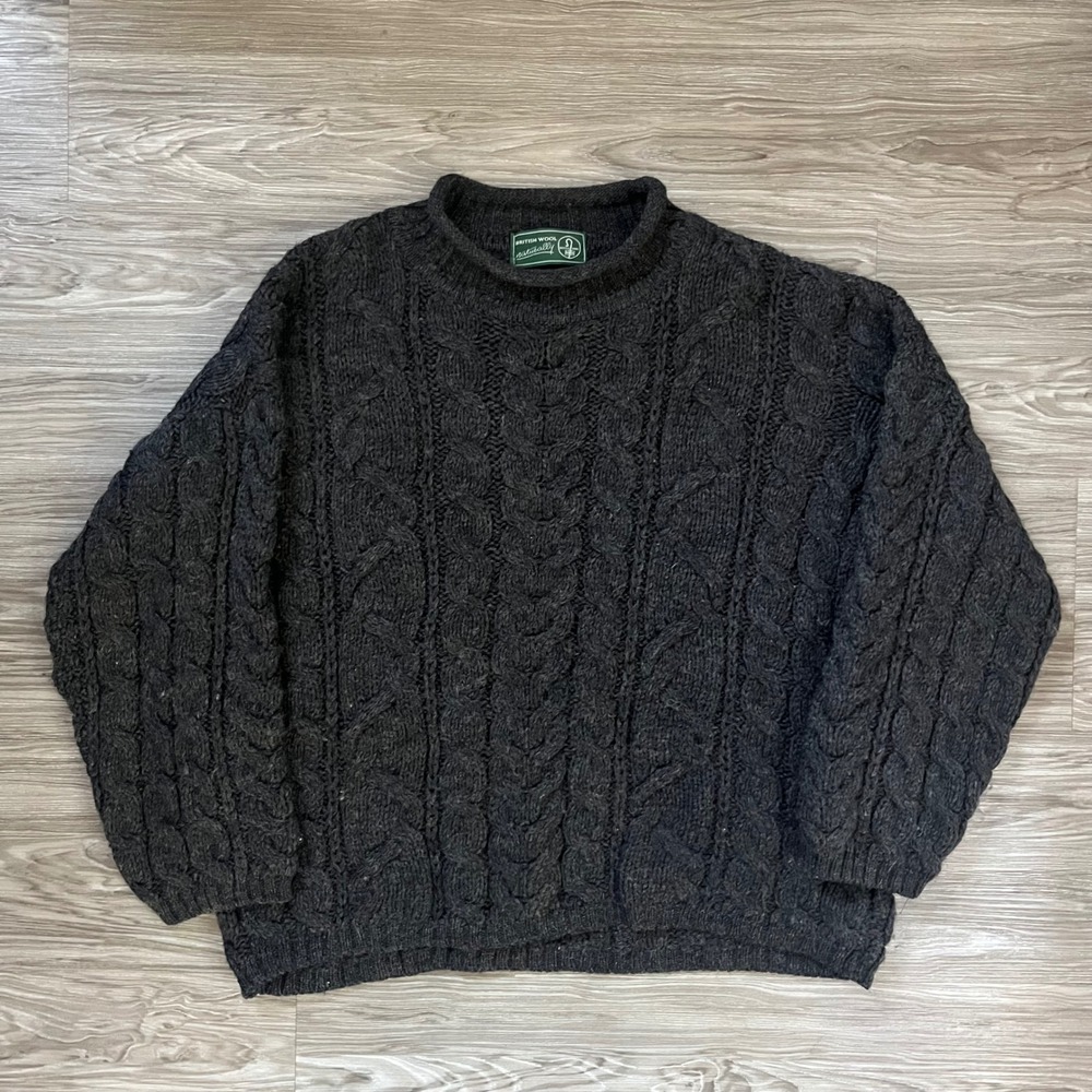 British Wool Naturally Mens Charcoal Grey Cable Knit Wool Sweater Made in UK L